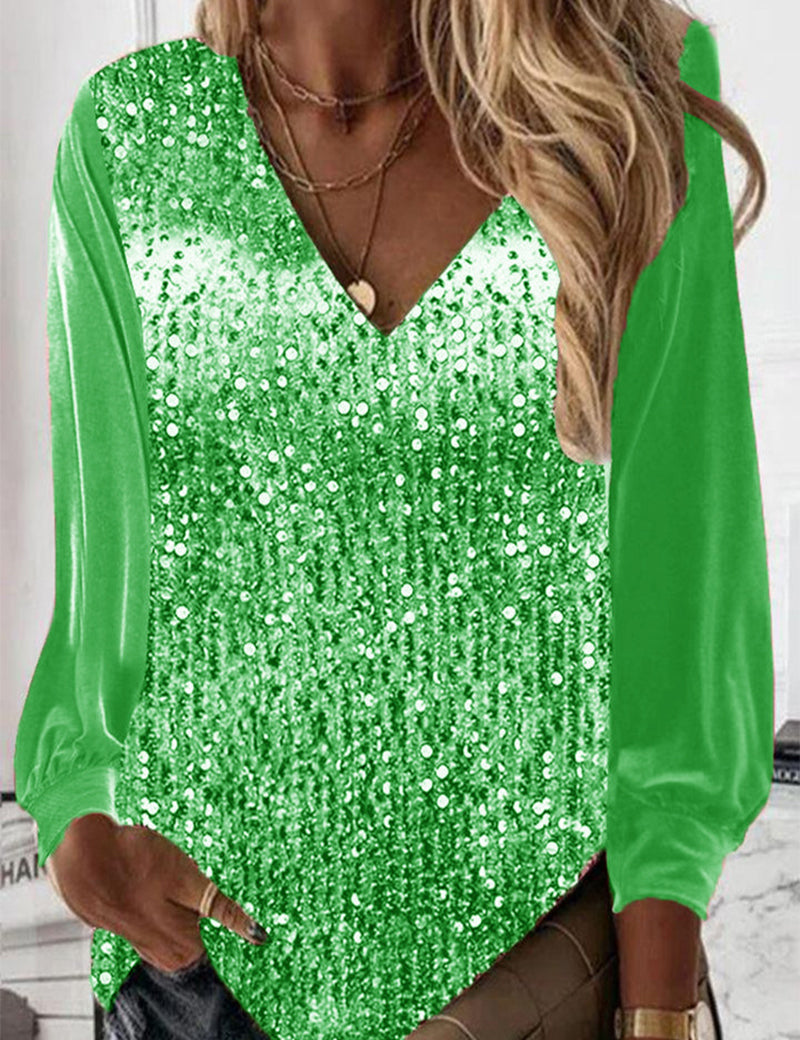 Tove | Stilfuld V-Hals Top med Pailletter og Pufærmer