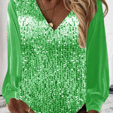 Tove | Stilfuld V-Hals Top med Pailletter og Pufærmer