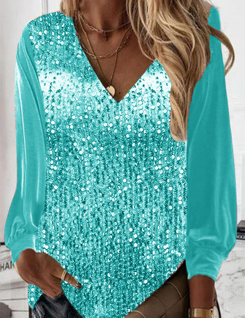 Tove | Stilfuld V-Hals Top med Pailletter og Pufærmer