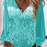 Tove | Stilfuld V-Hals Top med Pailletter og Pufærmer