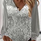 Tove | Stilfuld V-Hals Top med Pailletter og Pufærmer