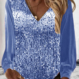 Tove | Stilfuld V-Hals Top med Pailletter og Pufærmer