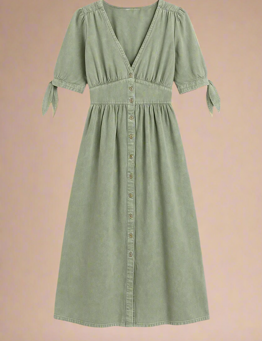 Celina Kjole | Lang denimkjole med knapper og markeret talje