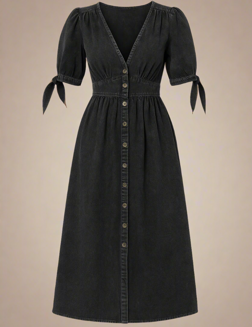 Celina Kjole | Lang denimkjole med knapper og markeret talje