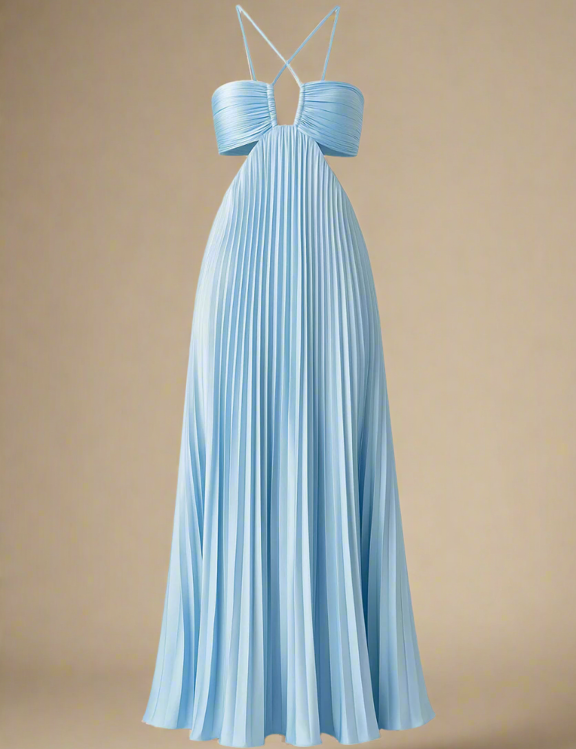 SOFIE KJOLE | Lang plisseret kjole med krydsstropper og struktureret bryst