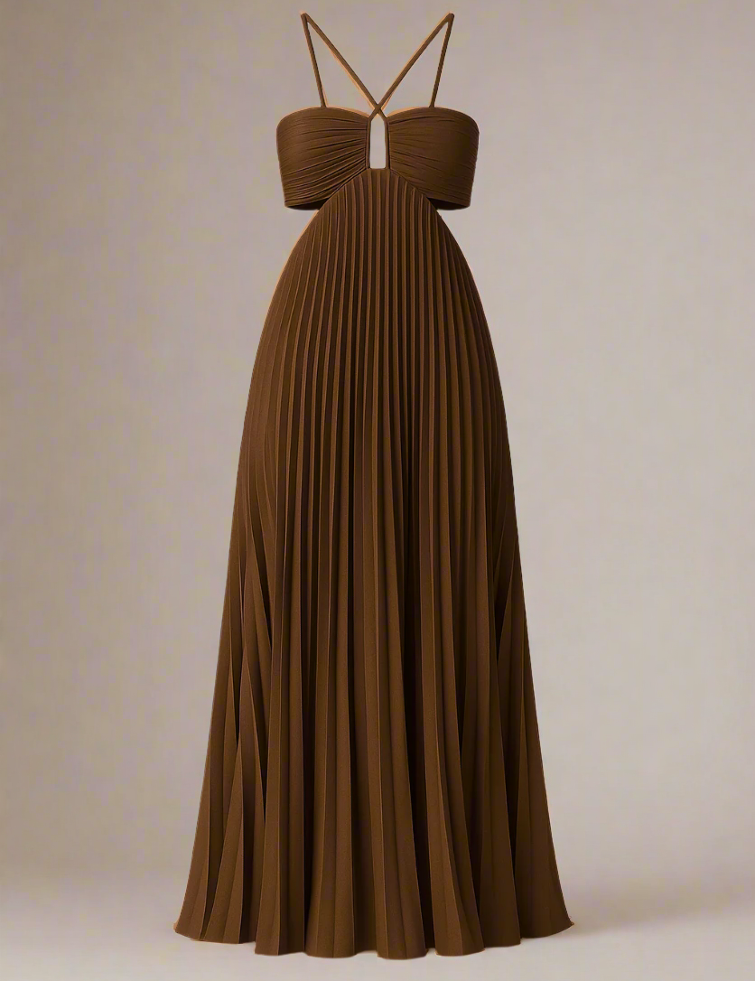 SOFIE KJOLE | Lang plisseret kjole med krydsstropper og struktureret bryst