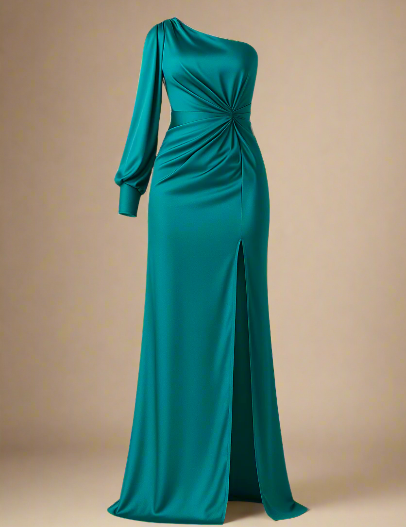 Elira Kjole | Satin gallakjole med én lang ærme