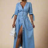 Celina Kjole | Lang denimkjole med knapper og markeret talje