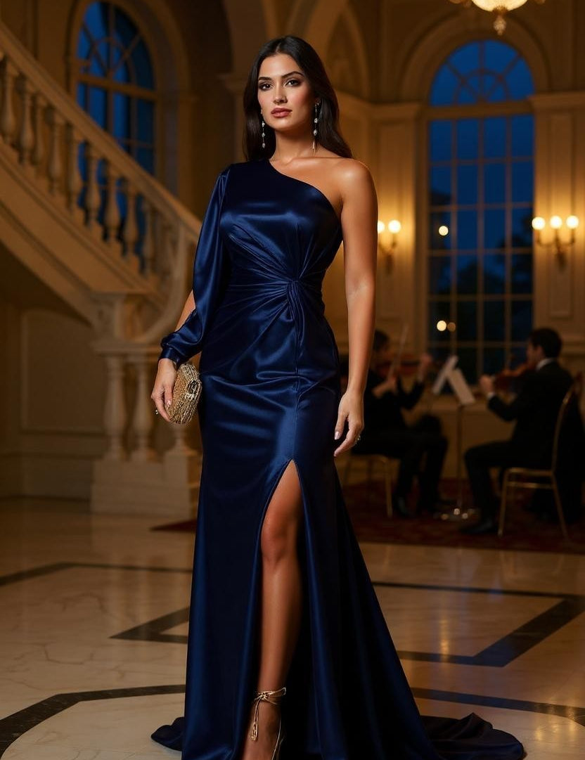 Elira Kjole | Satin gallakjole med én lang ærme